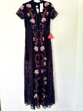 Frock And Frill Floral Embroidered Navy Lace Maxi Dress Women's Size 6